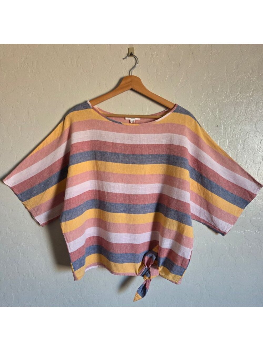 Beach Lunch Lounge Linen Oversized Boxy Striped Tie Waist Top Multi Size S Beach